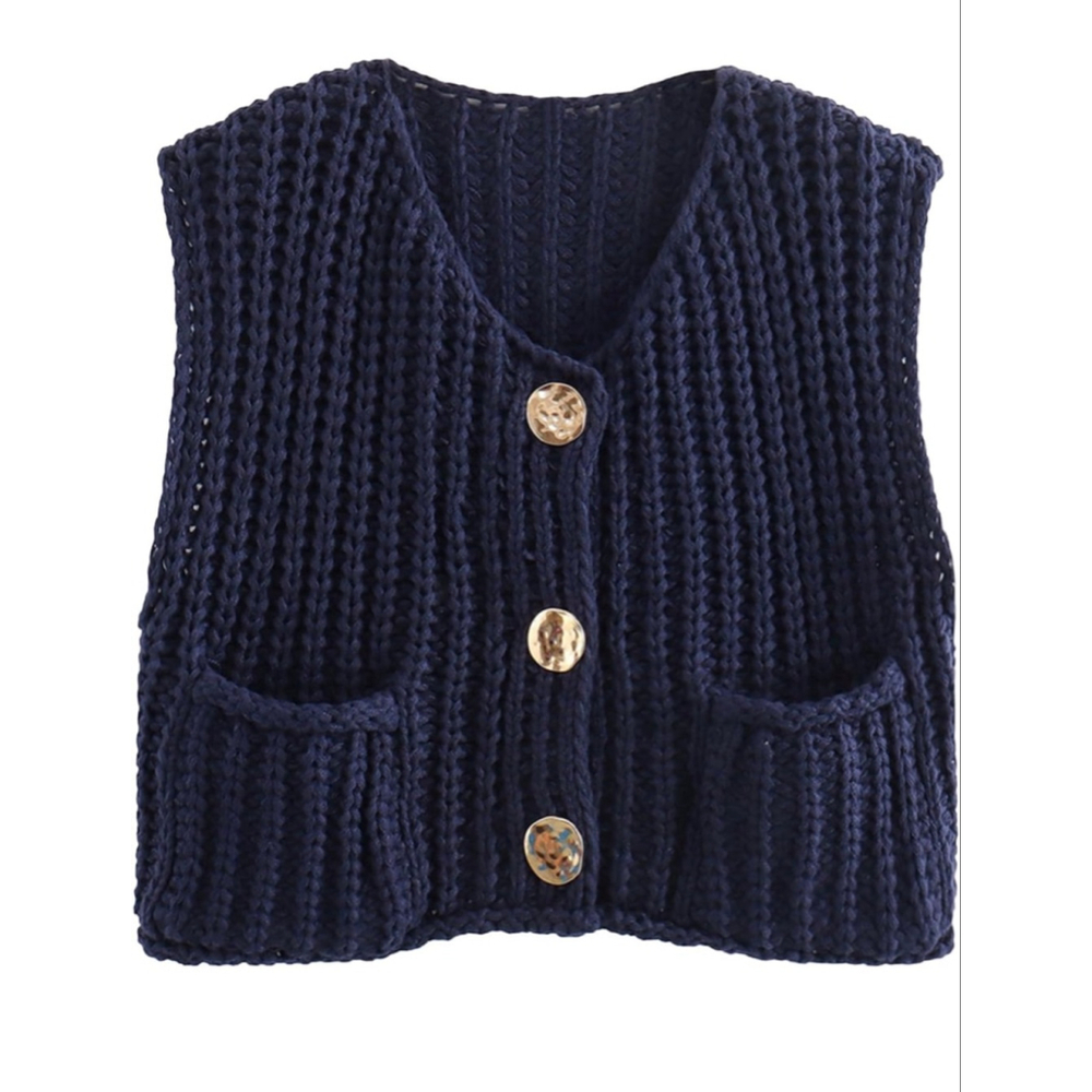 NEW Sleeveless Cropped Cardigan Chunky Knit Sweater Vest Pockets S